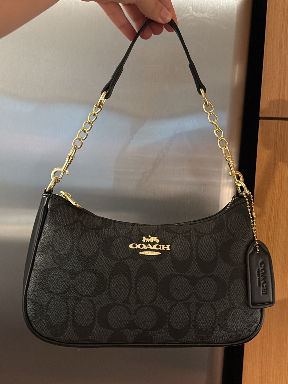 Coach Black Signature Canvas Shoulder Bag with Gold Tone Hardware